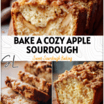 Golden Sourdough Apple Crumb Loaf sliced on a wooden board showing tender crumb and apple topping. 2026